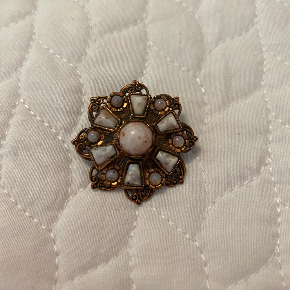 Antique copper and opal pin